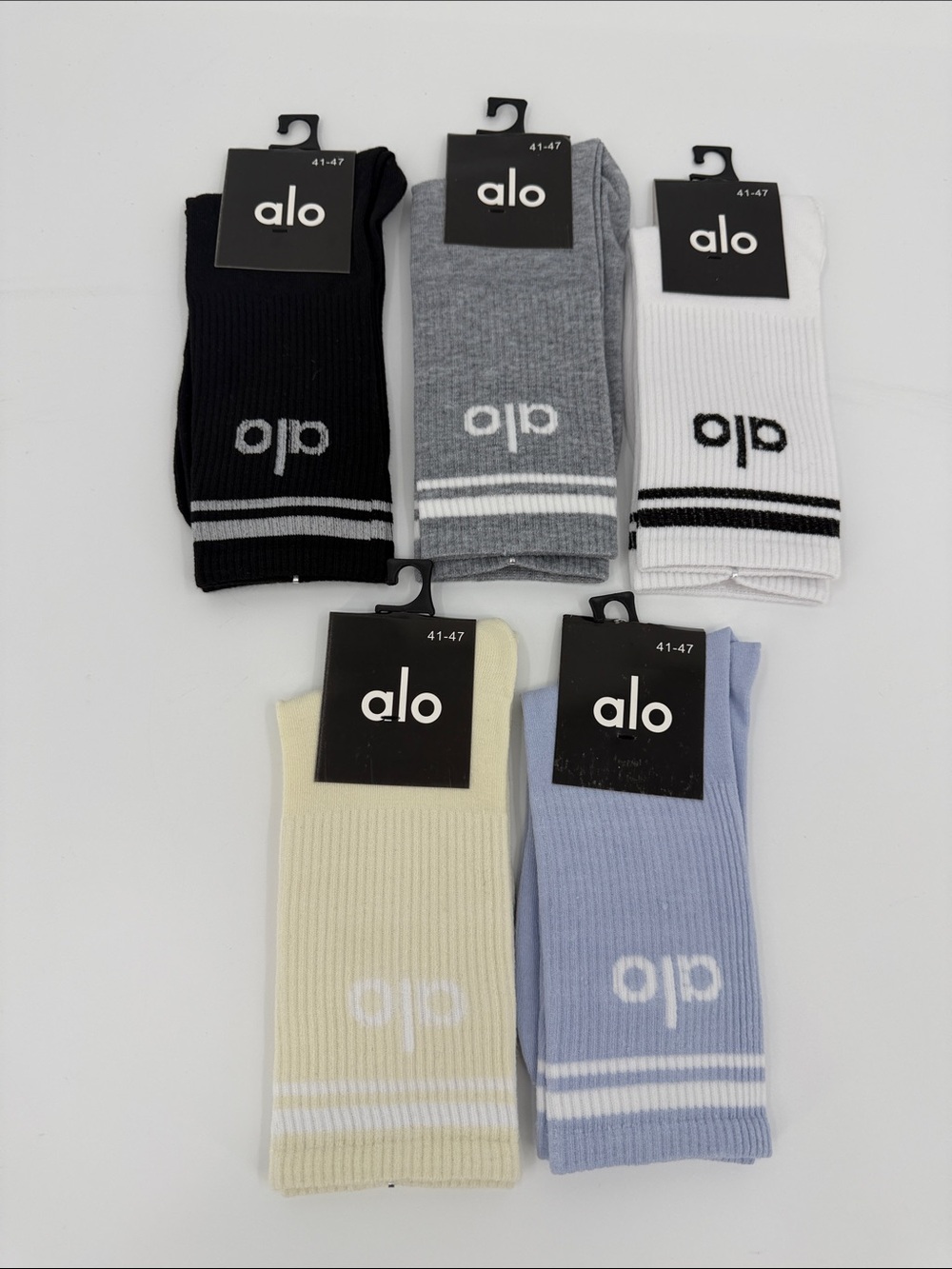 ALO Yoga Athletic Crew Socks - Black, Gray, White, Cream, Blue (5-Pack)